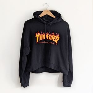 THRASHER Classic Black Cropped Hooded Sweatshirt